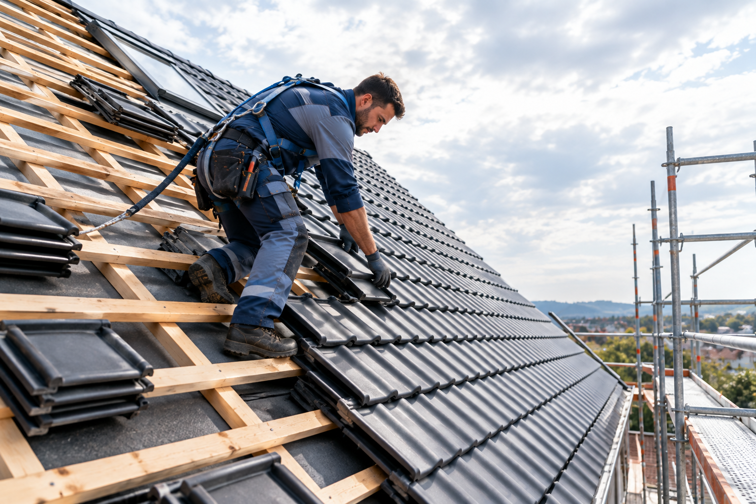 Dachdecker von NewTech bei der Neueindeckung eines Steildachs