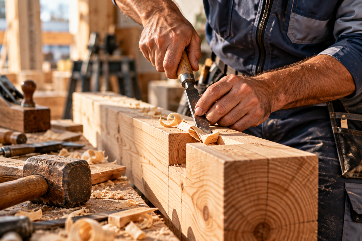 Detailarbeit an einer Holzverbindung durch einen Zimmerer von NewTech