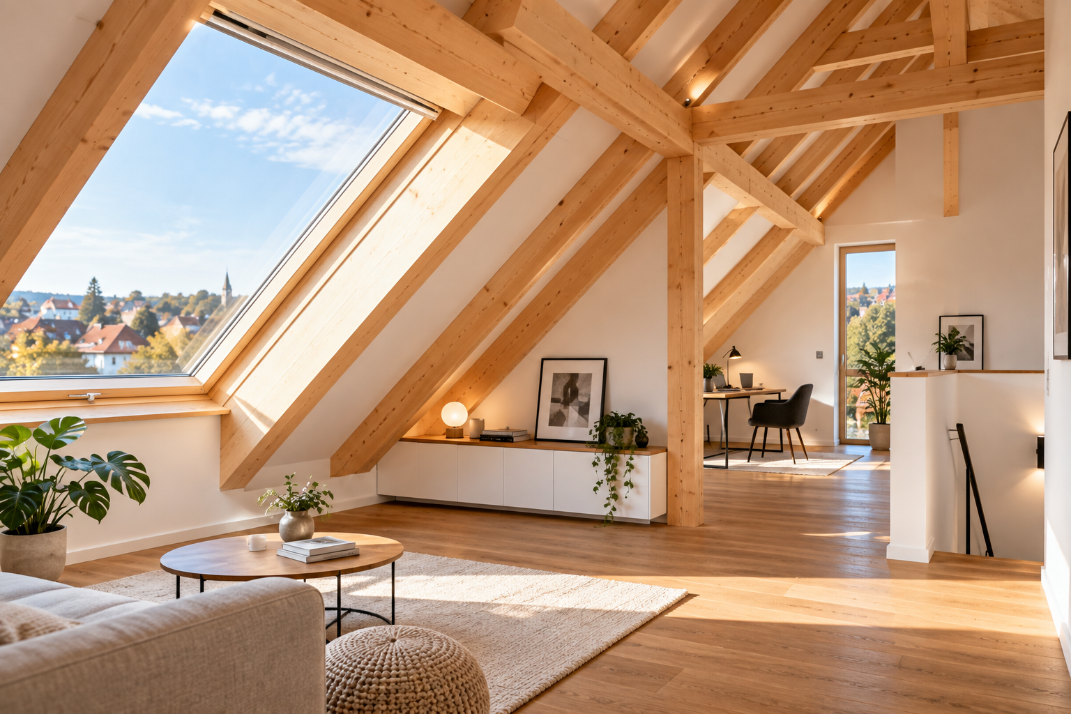Fertig ausgebautes Dachgeschoss mit sichtbaren Holzsparren